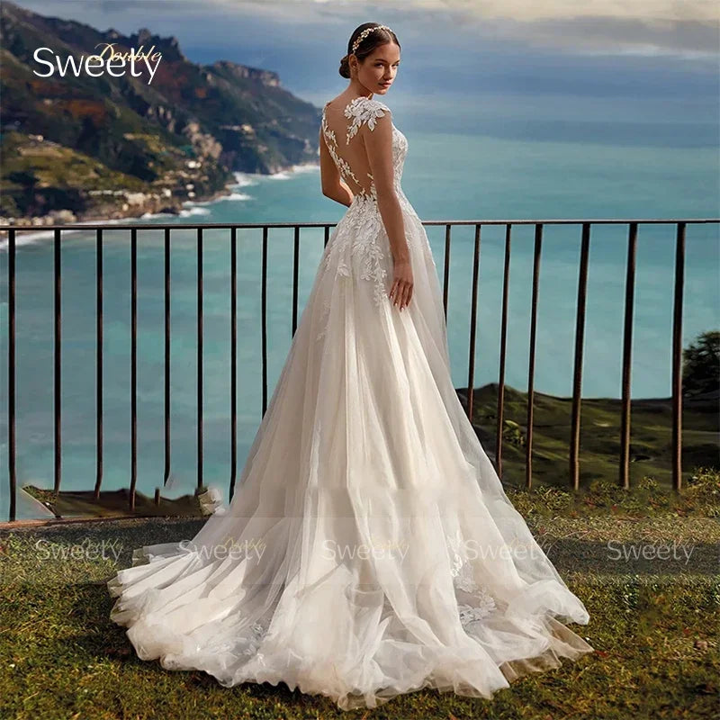 Boho A-Line Wedding Dress – Organza & Embroidery Lace, Sleeveless Bridal Gown