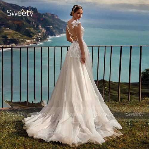 Boho A-Line Wedding Dress – Organza & Embroidery Lace, Sleeveless Bridal Gown