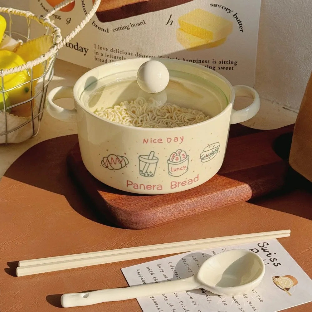 Kawaii Ceramic Ramen Bowl Set | Japanese-Style Bowl with Spoon & Chopsticks