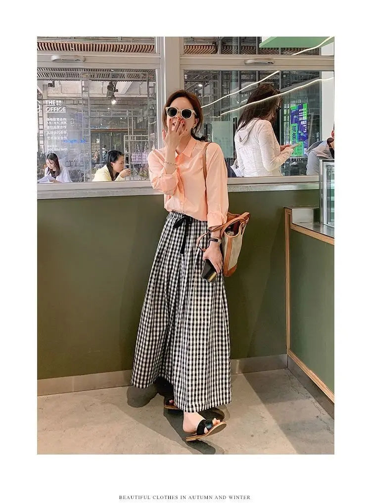 Plaid Wide Leg Pants Women Baggy Korean Style Panelled Temper Trousers Streetwear Pantalones Clothes Summer A-line Teens College