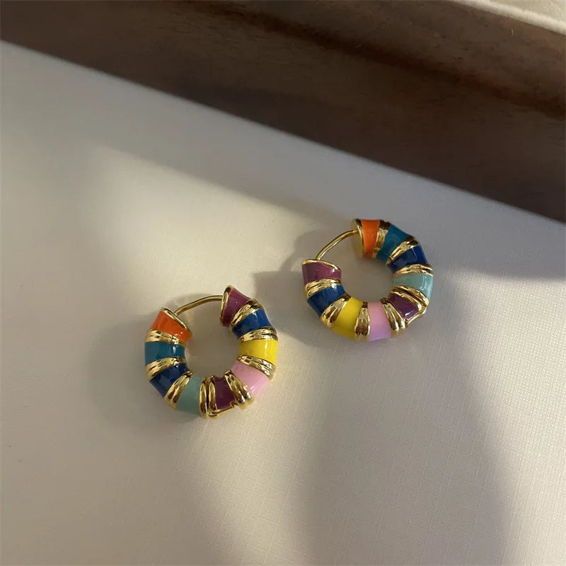 Boho Colorful Enamel Rainbow Hoop Earrings – Gold-Tone Charm Earrings for Women