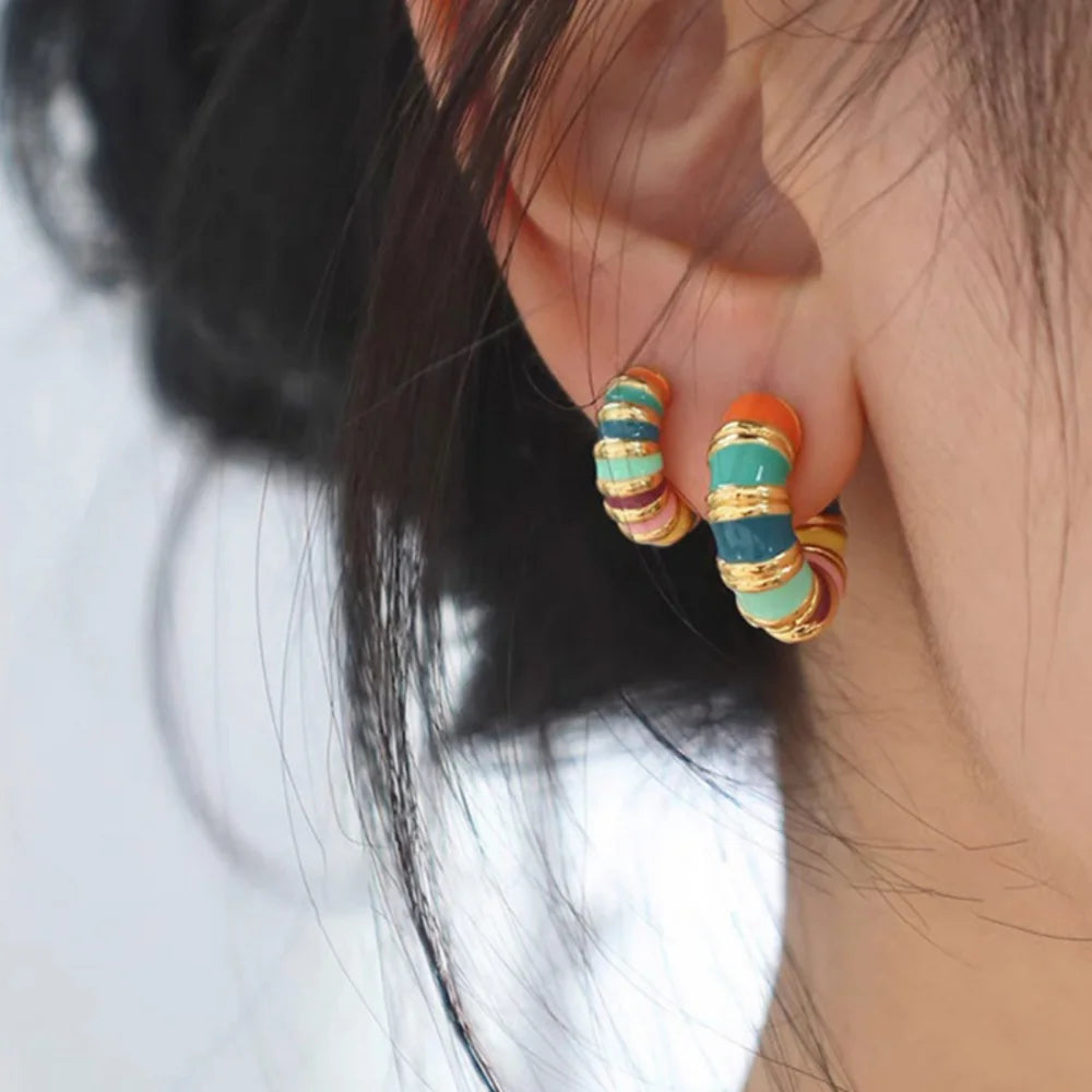 Boho Colorful Enamel Rainbow Hoop Earrings – Gold-Tone Charm Earrings for Women