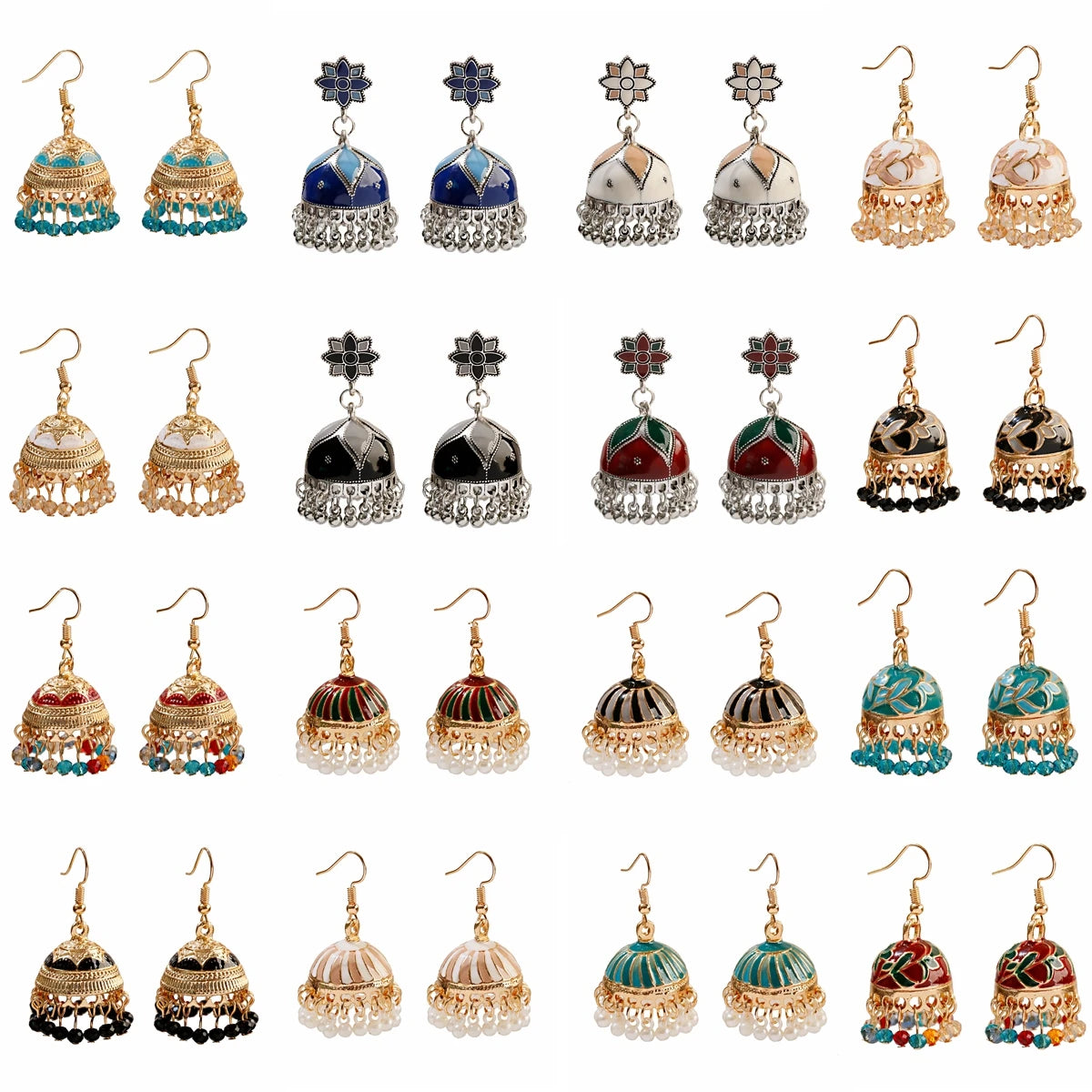 Boho Ethnic Flower Enamel & Bell Tassel Drop Earrings – Vintage Gold Crystal Bead