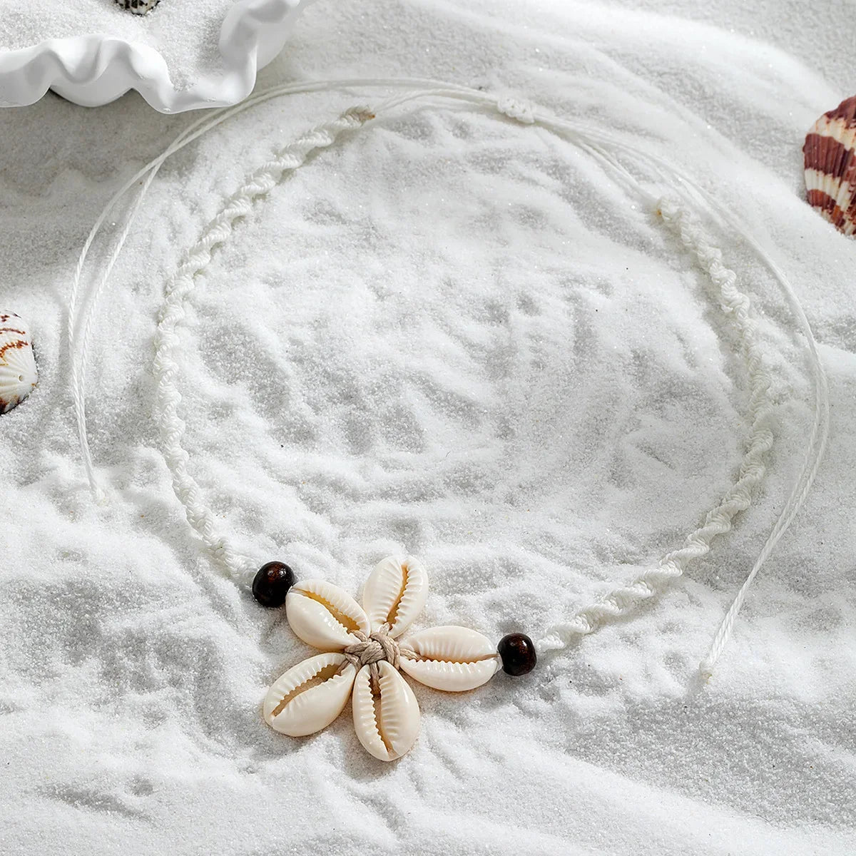 Boho Woven Shell Flower Pendant Necklace – Adjustable Beach Rope Chain