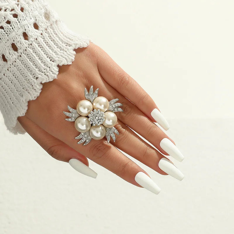 Boho Vintage Big Flower Ring – Micro Zircon Inlay Gold-Tone Statement Ring