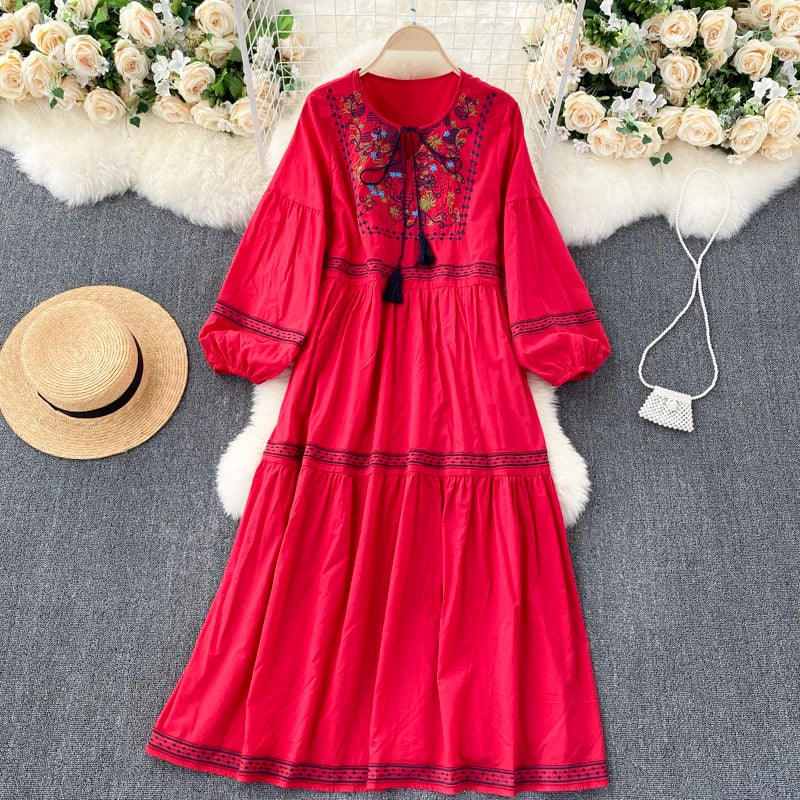 Embroidered Lantern Sleeve Boho Midi Dress | Lace-Up A-Line