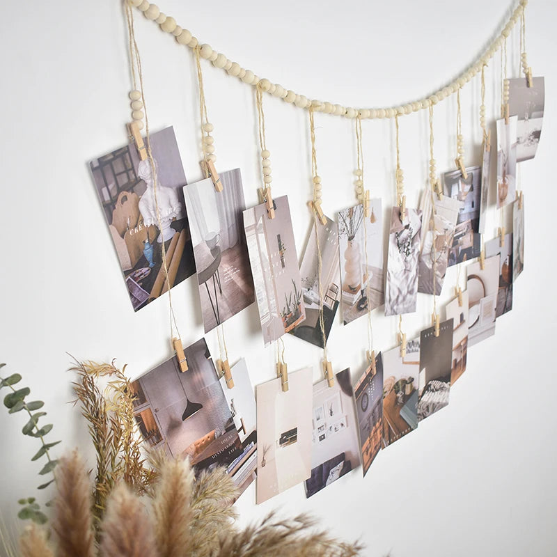 Boho Macrame Photo Display Wall Hanging – Wooden Bead Tapestry