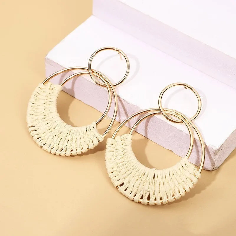Boho Rattan Wicker Hoop Earrings – Straw Round Dangle Drop Earrings for Women