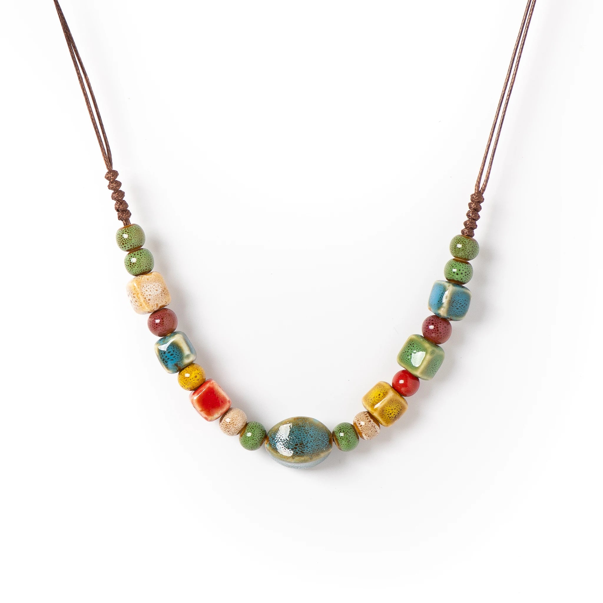 Boho Ceramic Beaded Long Pendant Necklace – Adjustable Handmade Ethnic Jewelry