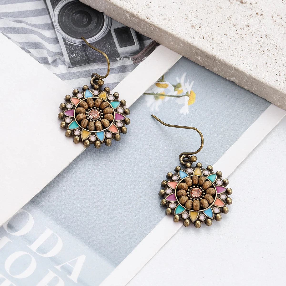 Boho Vintage Flower & Wood Beaded Drop Earrings