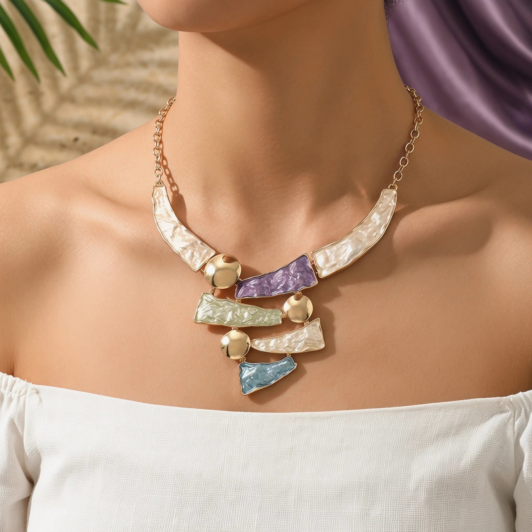 Boho Colorful Enamel Geometric Bib Necklace | Hammered Statement Necklace for Women