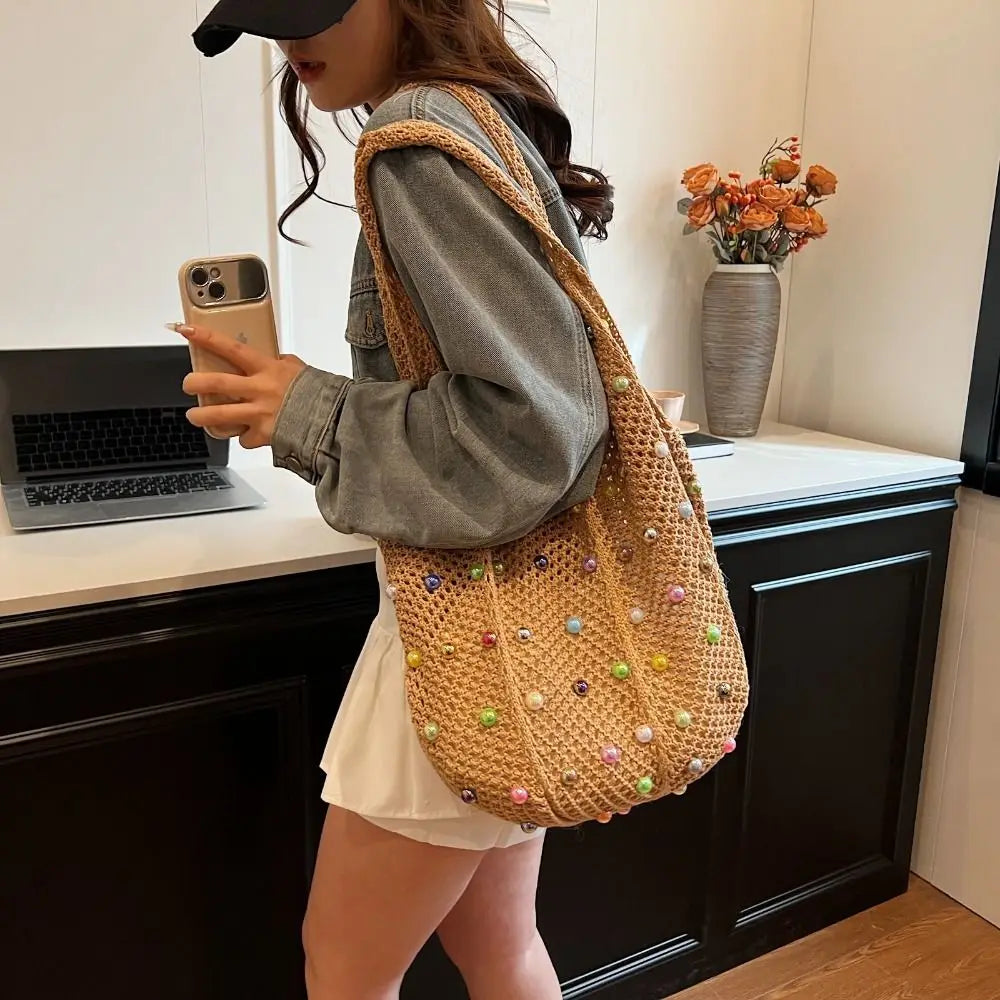 Boho Crochet Beach Tote Bag | Large Hollow Knit Bag with Colored Bead Detail