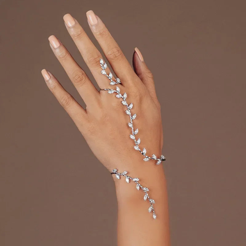 Boho Leaf Cubic Zirconia Hand Palm Bracelet – Bridal Wedding Bangle
