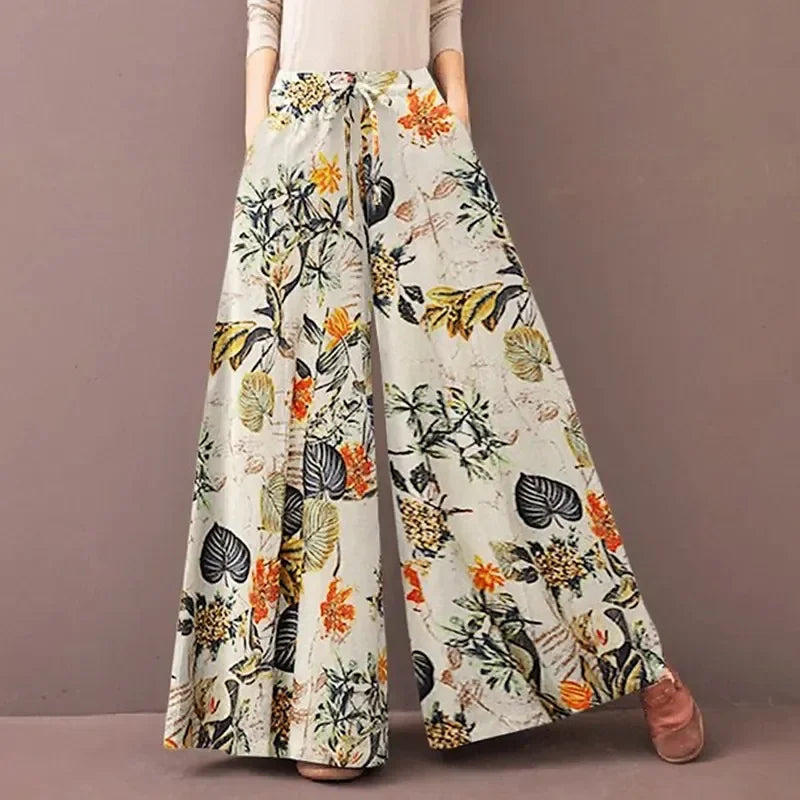 Boho Floral Wide Leg Pants Women Casual High Waist Drawstring Loose Palazzo Trousers Summer Beach Rayon Flowy Bottoms with Pocke