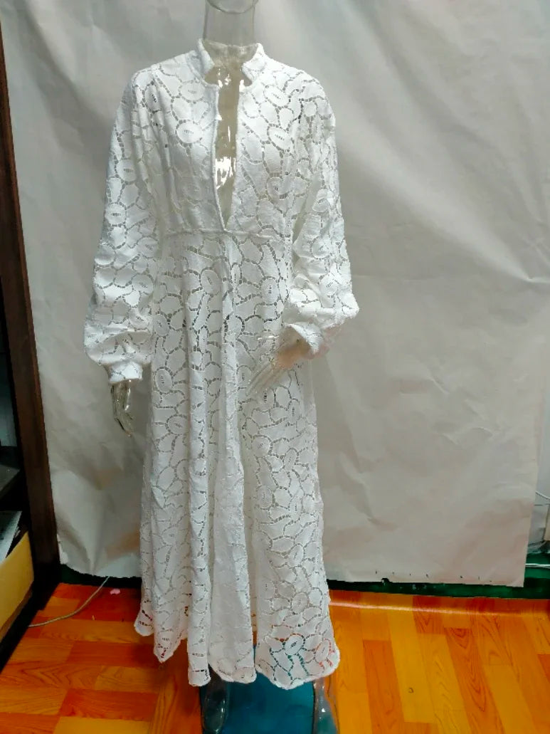 Elegant White Hollow-Out Maxi Dress