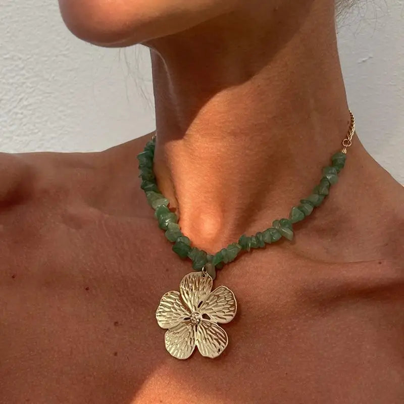 Boho Irregular Natural Stone & Metal Flower Clavicle Chain Necklace