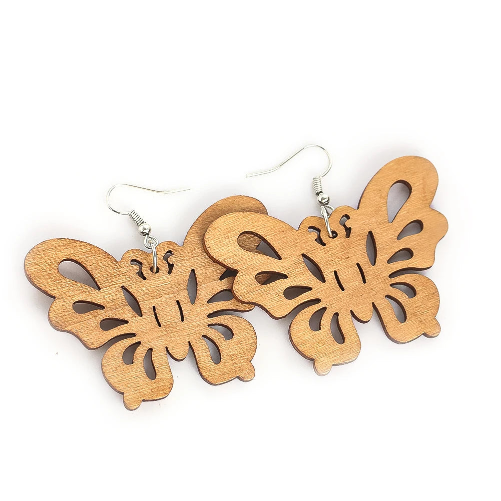 Boho Handmade Geometric Wooden Dangle Earrings – Ethnic Carved Flower & Butterfly