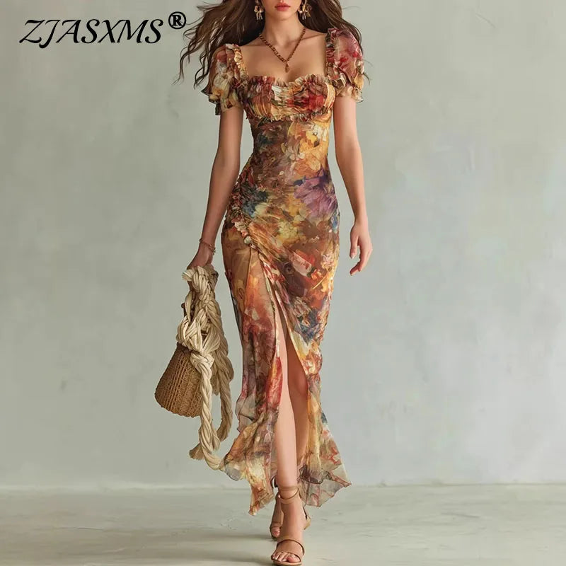 Floral Ruched Split Maxi Dress | Square Neck Puff Sleeve Boho