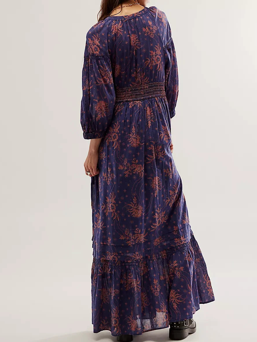 Floral Boho Midi Dress | V-Neck Puff Sleeve Hollow-Out
