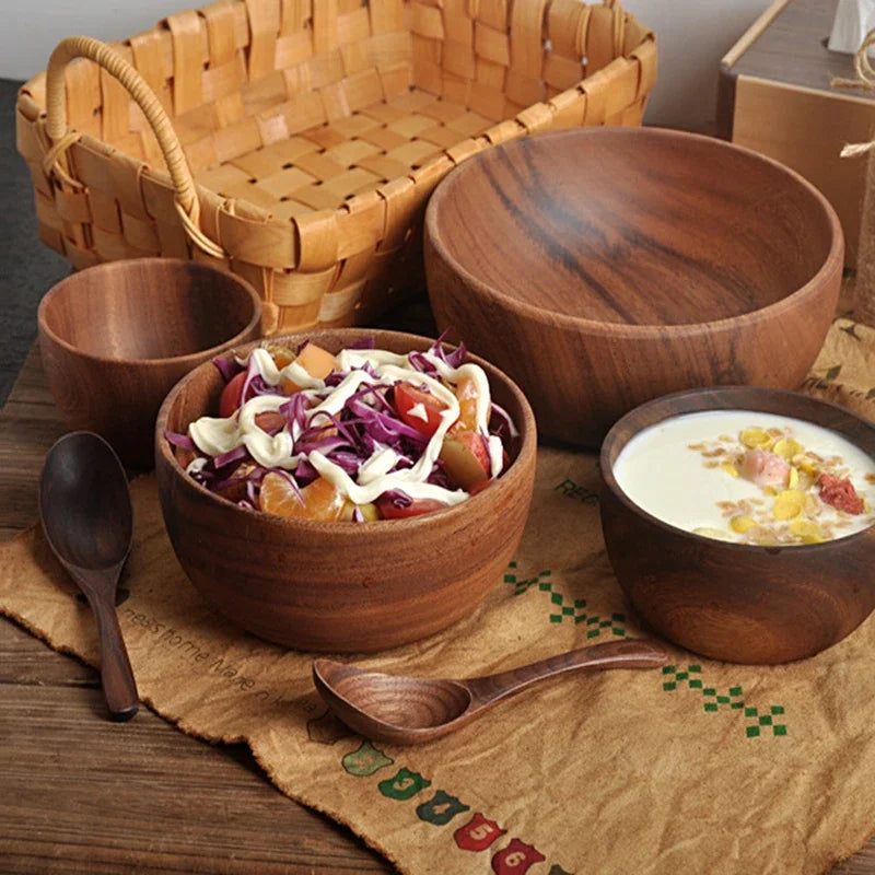 Solid Acacia Wood Bowl | Hand-Crafted Japanese-Style Wooden Salad & Serving Bowl