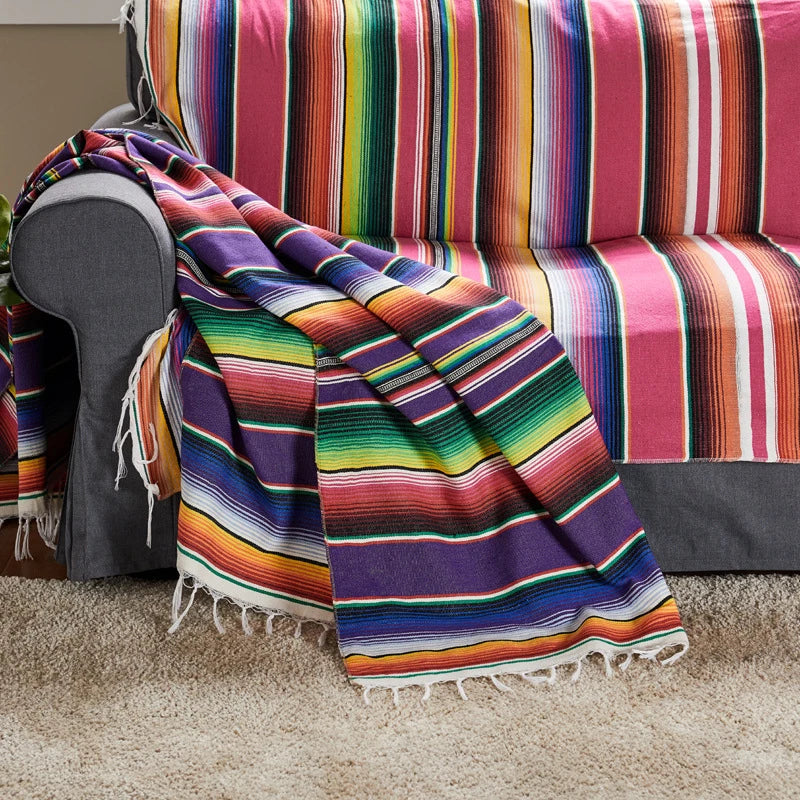 Boho Ethnic Tassel Throw Blanket | Striped Cotton-Blend Beach & Picnic Blanket