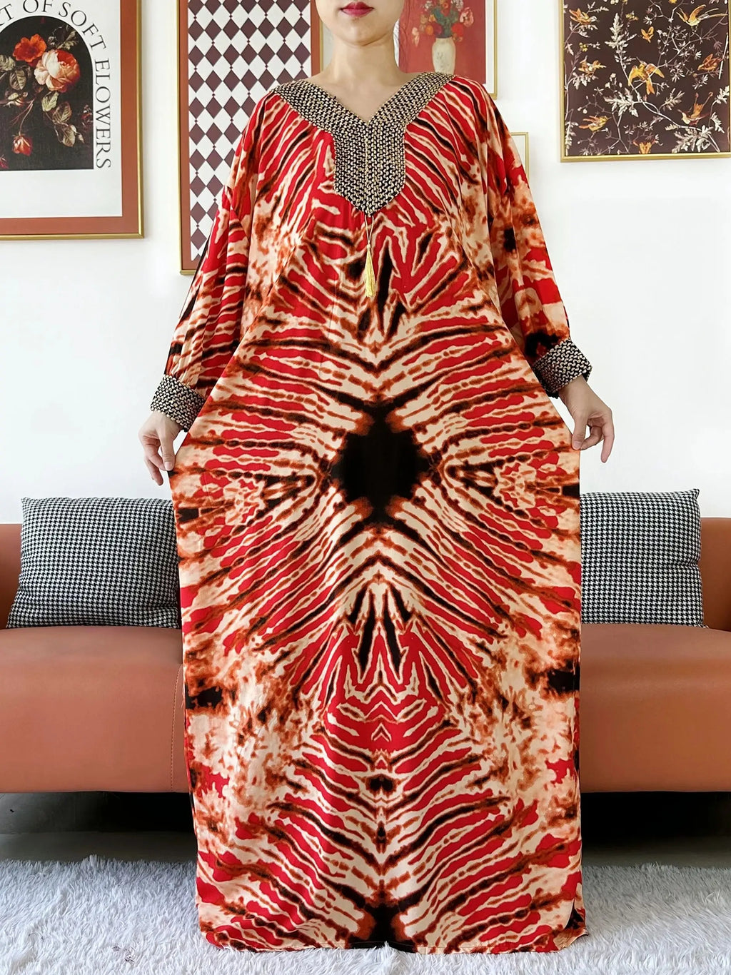 Embroidered Cotton Abaya Maxi Dress | Boho Long Sleeve V-Neck