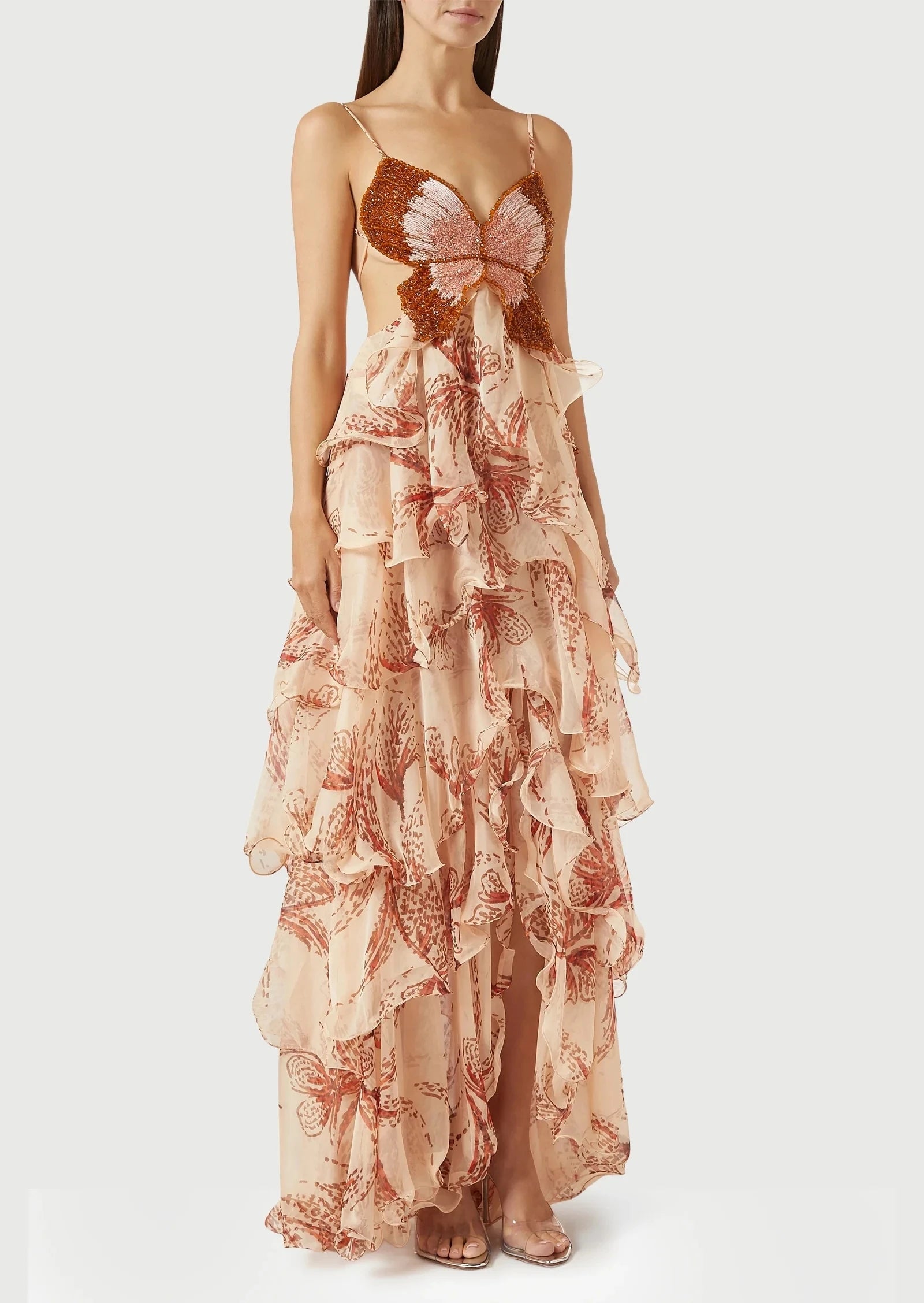 Floral Ruffle Maxi Dress | Strapless Layered Butterfly Boho