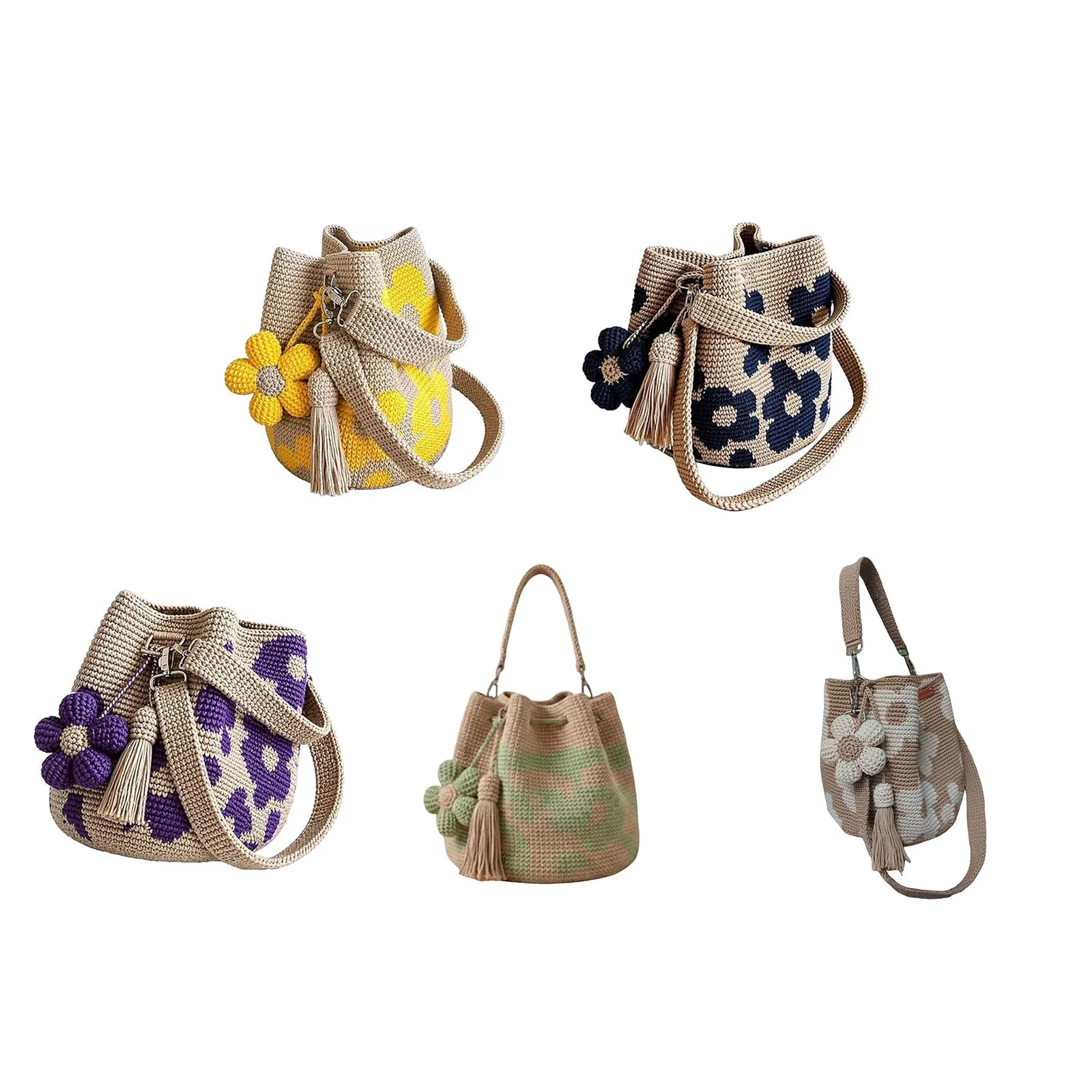 Boho Embroidery Bucket Bag | Drawstring Purse with Flower Tassel