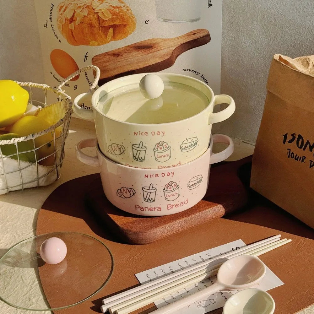 Kawaii Ceramic Ramen Bowl Set | Japanese-Style Bowl with Spoon & Chopsticks