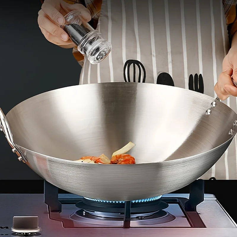 Stainless Steel Dual Handle Wok | Uncoated Thick Chef's Pan with Lid