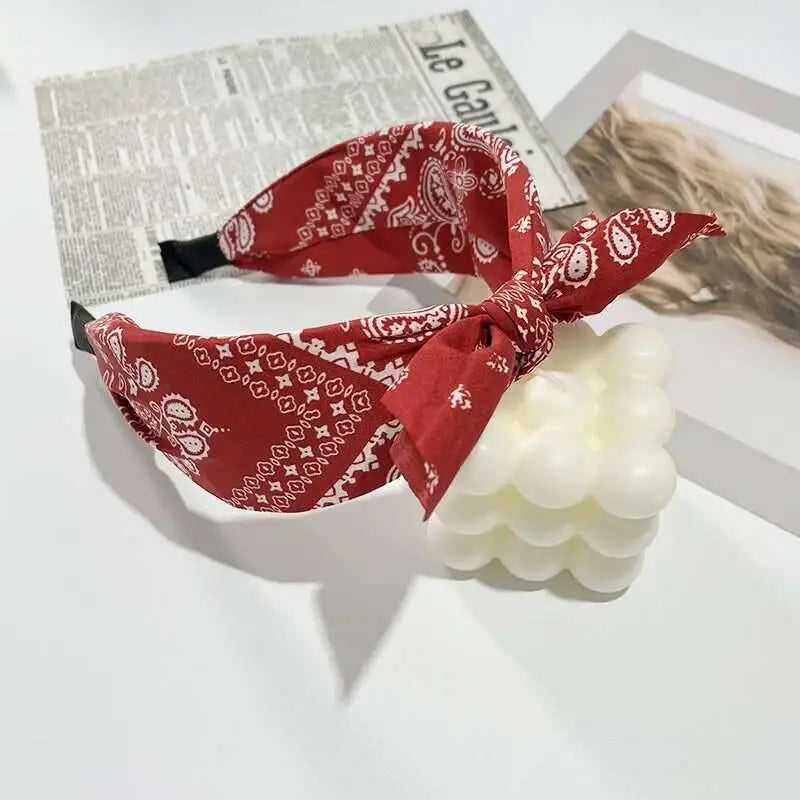 Boho Bow Print Wide Headband – Vintage Silk Cross-Knot Hair Hoop