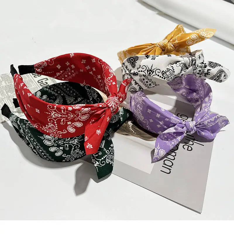 Boho Bow Print Wide Headband – Vintage Silk Cross-Knot Hair Hoop