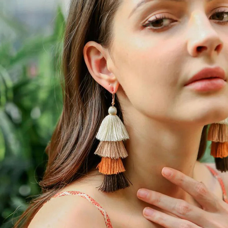 Boho 4-Layer Tassel Fringe Dangle Earrings – Ethnic Long Statement Drop Earrings