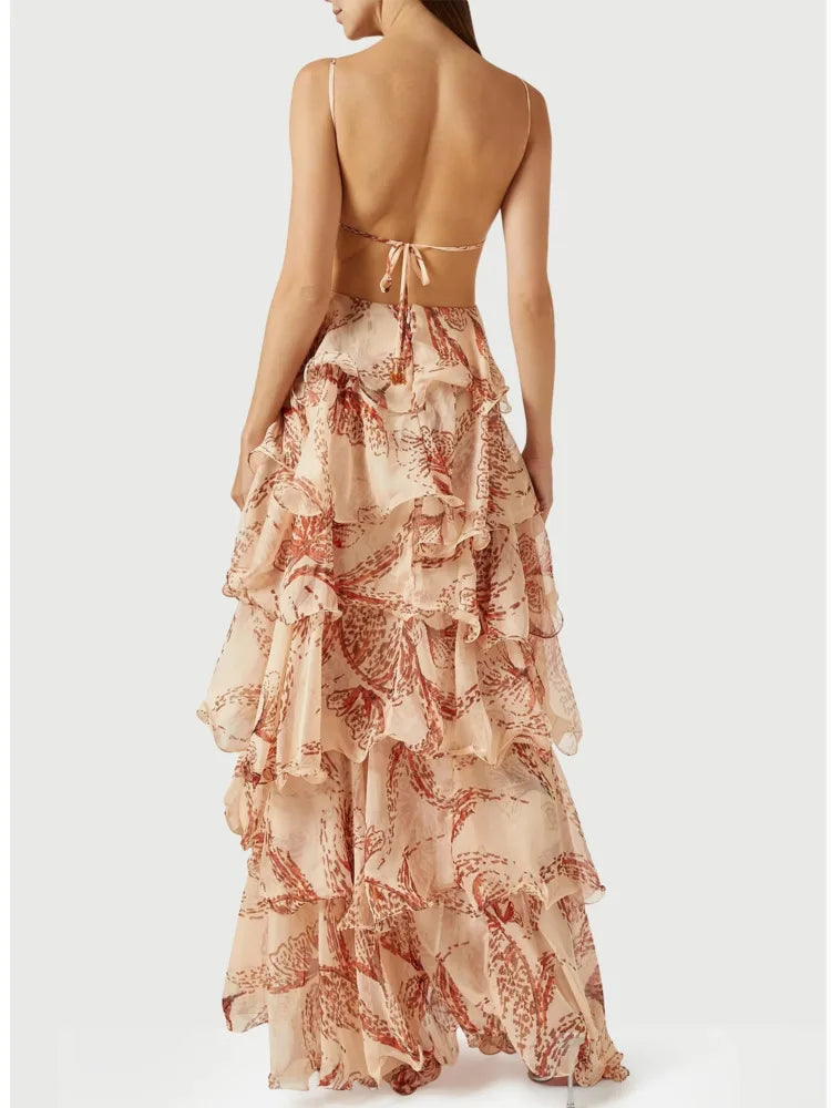 Floral Ruffle Maxi Dress | Strapless Layered Butterfly Boho