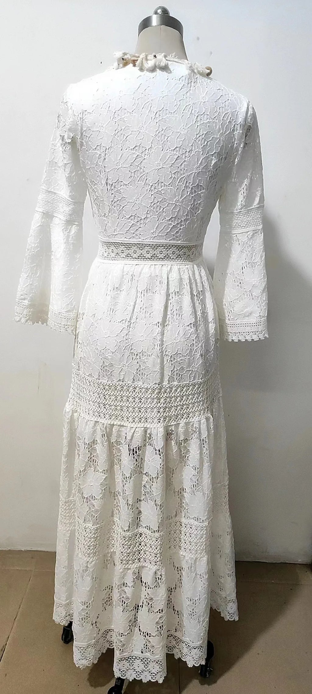 Lace Hollow-Out Boho Maxi Dress | Flare Sleeve Tassel Trim