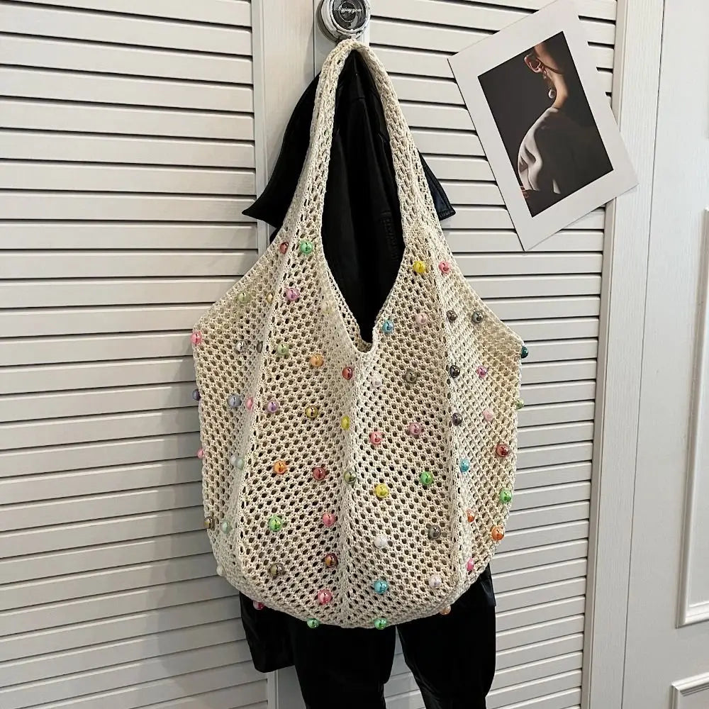 Boho Crochet Beach Tote Bag | Large Hollow Knit Bag with Colored Bead Detail