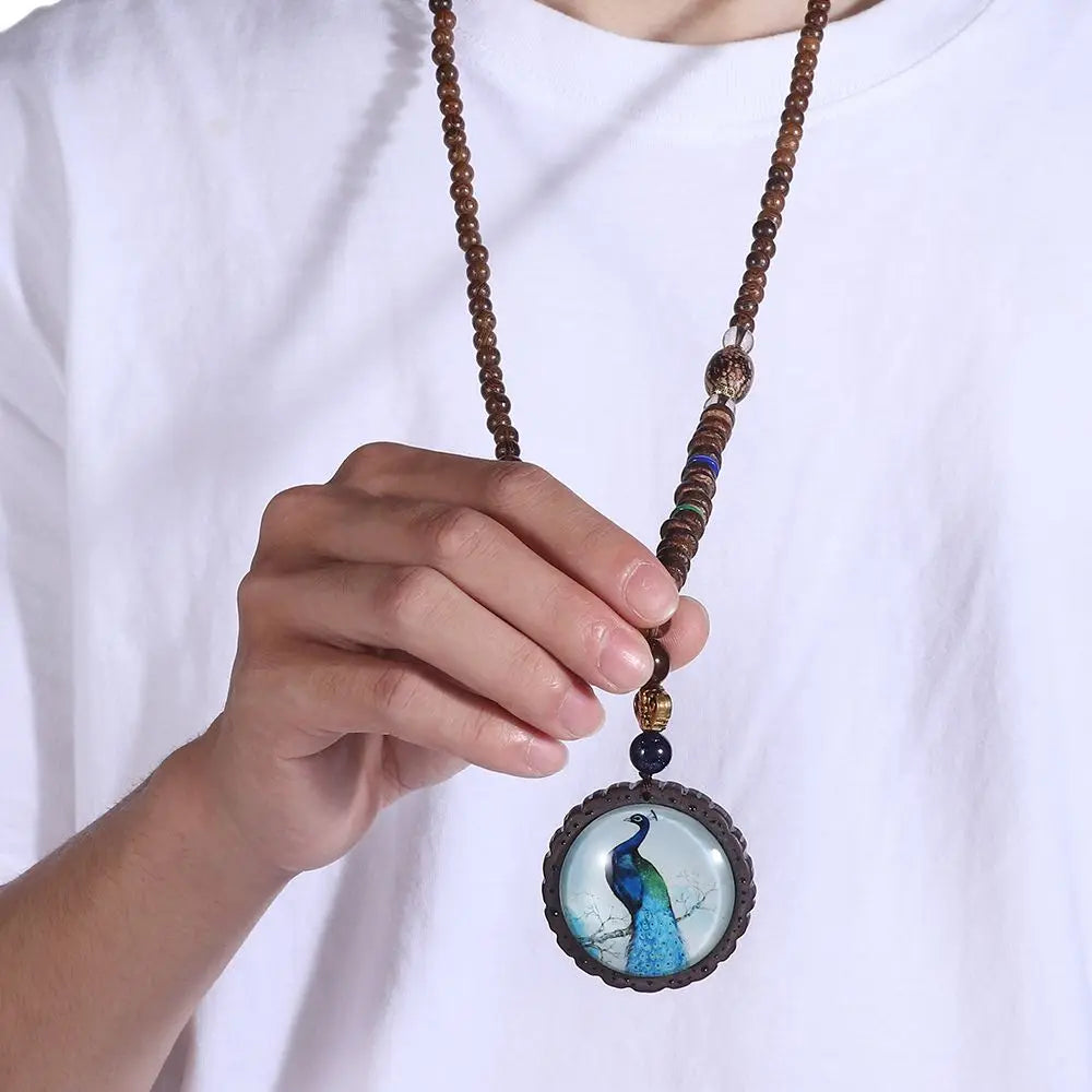 Boho Handmade Nepal Buddhist Mala Wood Bead Long Pendant Necklace – Unisex Ethnic Jewelry