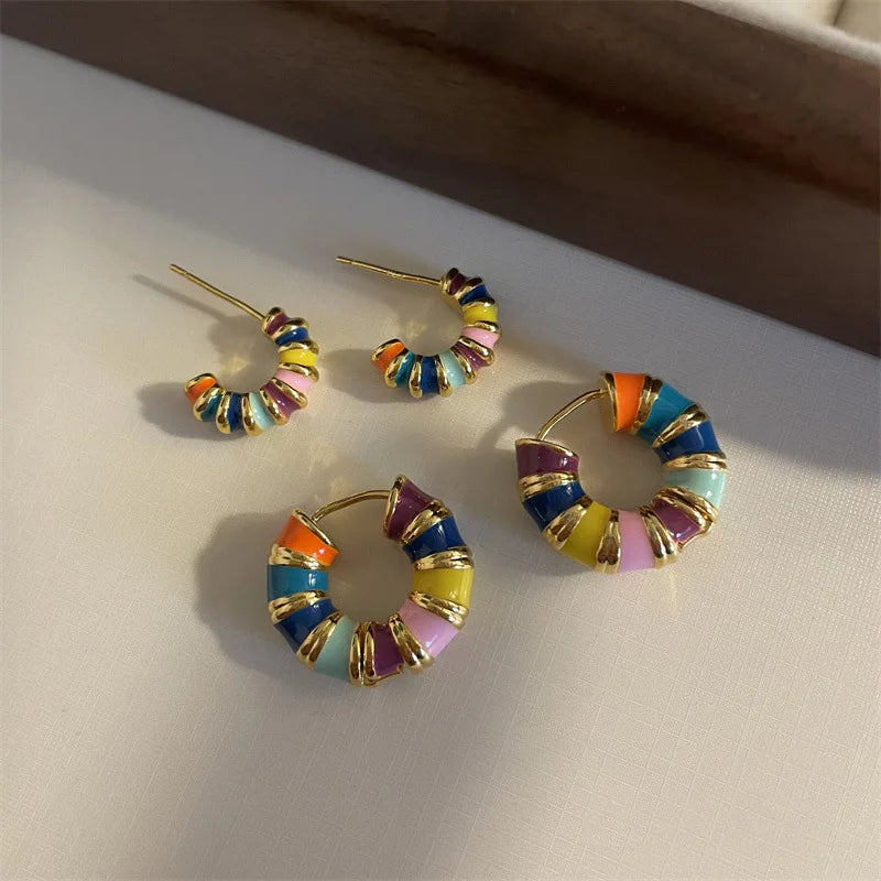 Boho Colorful Enamel Rainbow Hoop Earrings – Gold-Tone Charm Earrings for Women