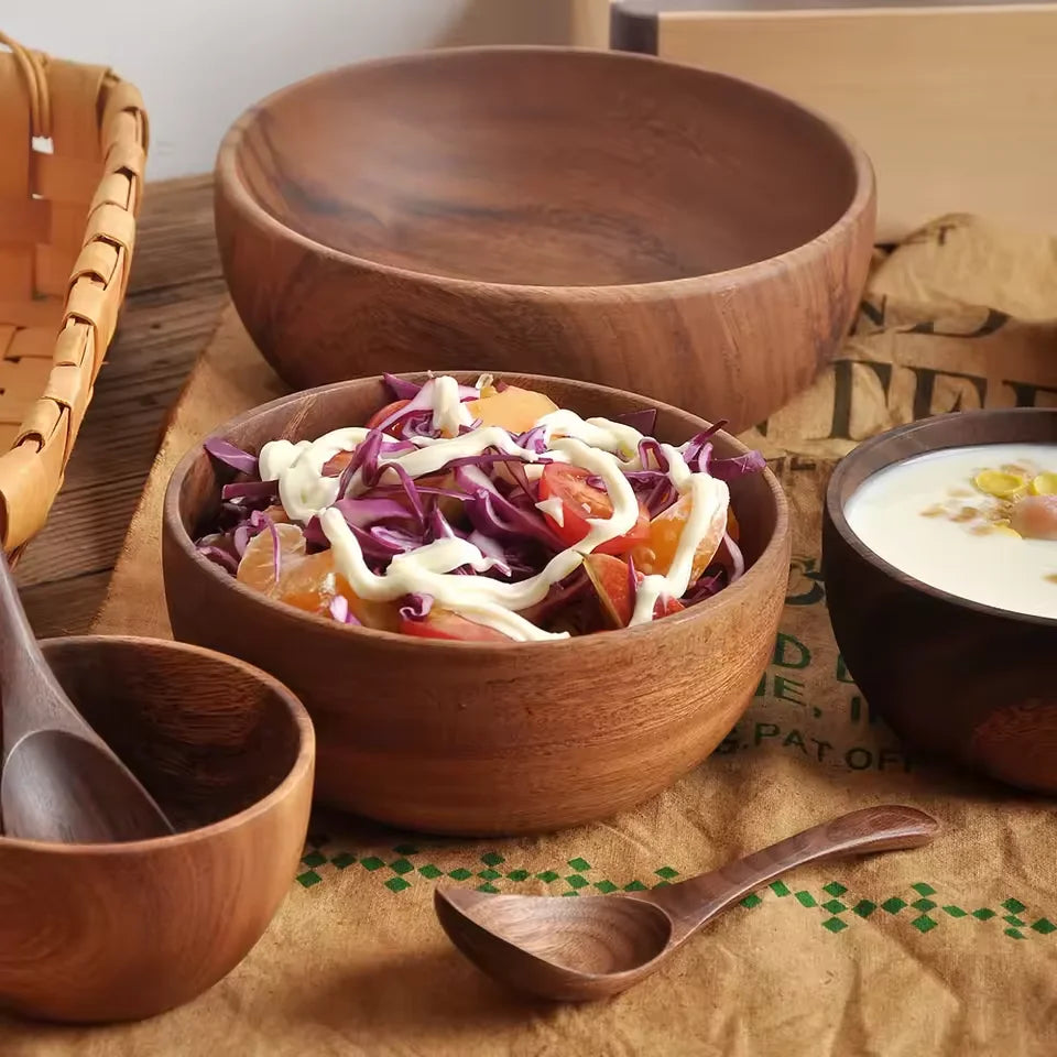 Solid Acacia Wood Bowl | Hand-Crafted Japanese-Style Wooden Salad & Serving Bowl