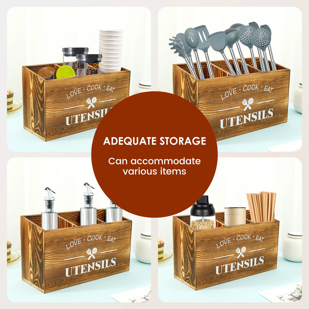 Wood Kitchen Utensil Holder | 3-Compartment Farmhouse Caddy Organizer