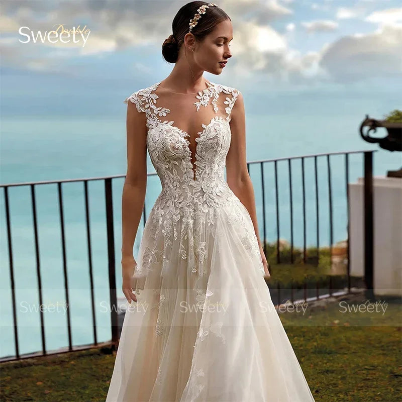Boho A-Line Wedding Dress – Organza & Embroidery Lace, Sleeveless Bridal Gown