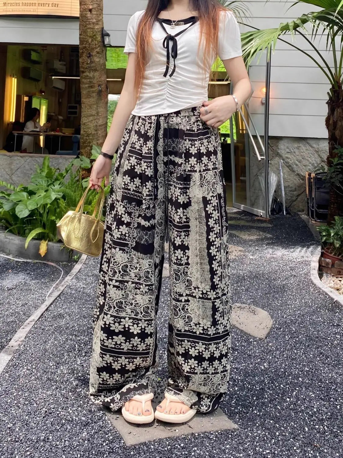 Retro Print Design Palazzo Pants Women's Summer Lightweight Loose Slimming Drapey Plus Size Casual Straight Leg Sports Pants