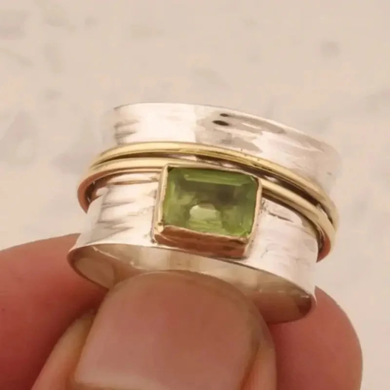 Boho Two-Tone Rectangular Green Cubic Zirconia Ring – Luxury Elegant Statement Ring