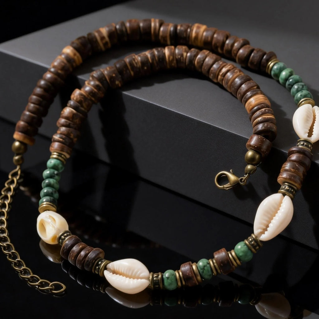 Boho Coconut Shell & Conch Charm Necklace | Adjustable Ocean Beach Jewelry