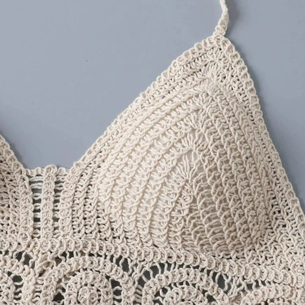 Boho Crochet Halter Bralette Top | Knit Crop Top with Tassel Fringe