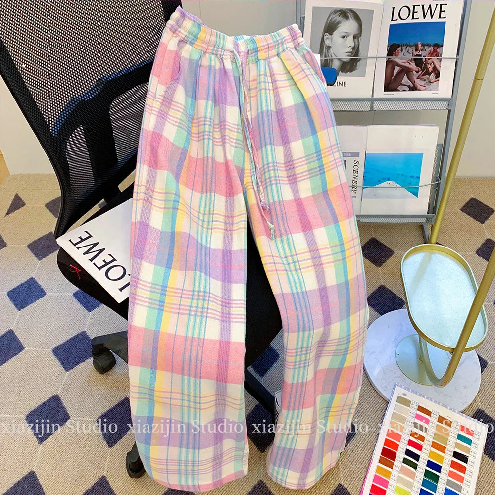 Color plaid wide-leg pants women's summer high waist retro Joker design loose pocket straight casual pants.