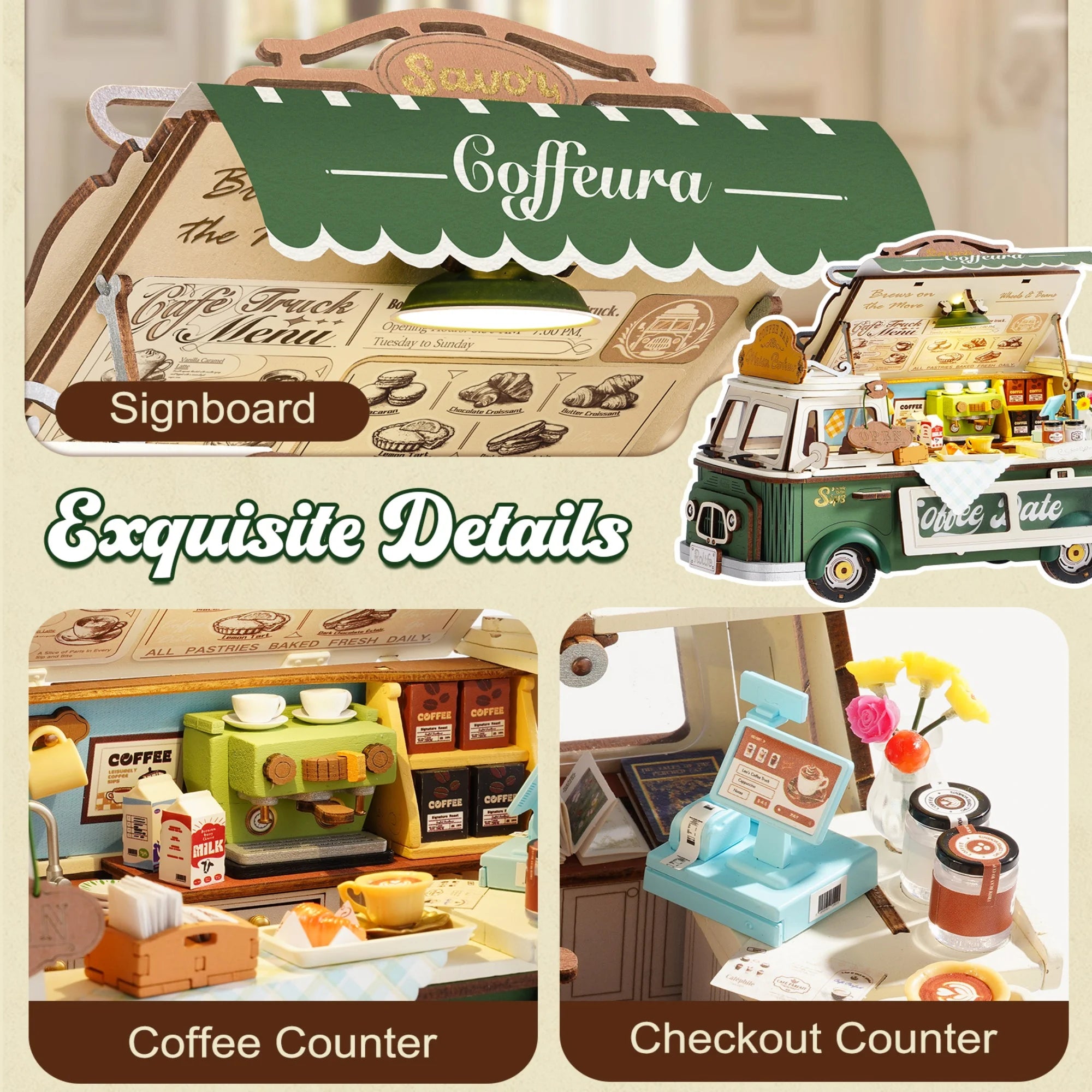 Rolife Wooden 3D Puzzle Leo's Coffee Truck Model Building Kit DIY Minature Dollhouse Toys for Home Decor Gift for Adults Kids