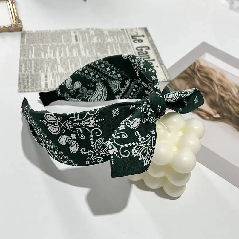 Boho Bow Print Wide Headband – Vintage Silk Cross-Knot Hair Hoop
