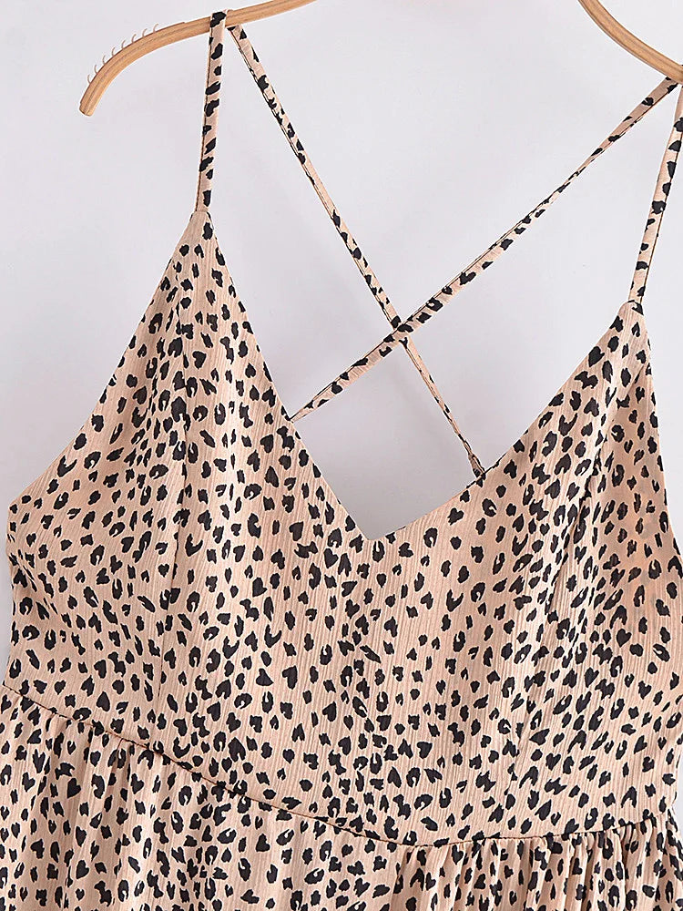 Leopard Print Boho Maxi Dress | Backless Spaghetti Strap