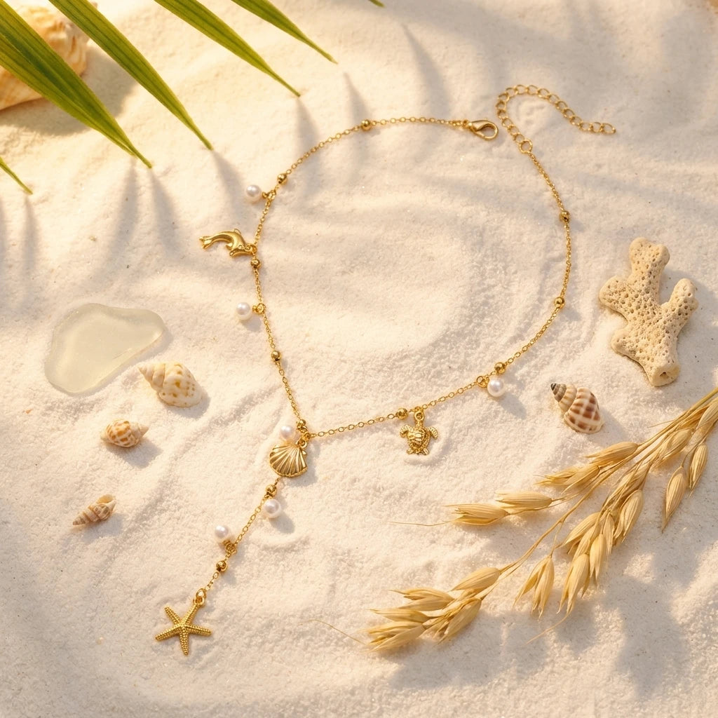 Boho Beach Y-Drop Chain Necklace – Sea Turtle, Dolphin, Starfish & Shell Pendants
